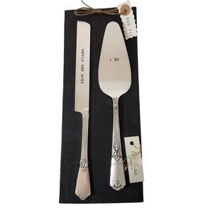 Mudpie Wedding Cake Knife Server Set 2016 I DO, HAPPILY EVER AFTER Silver Tone
